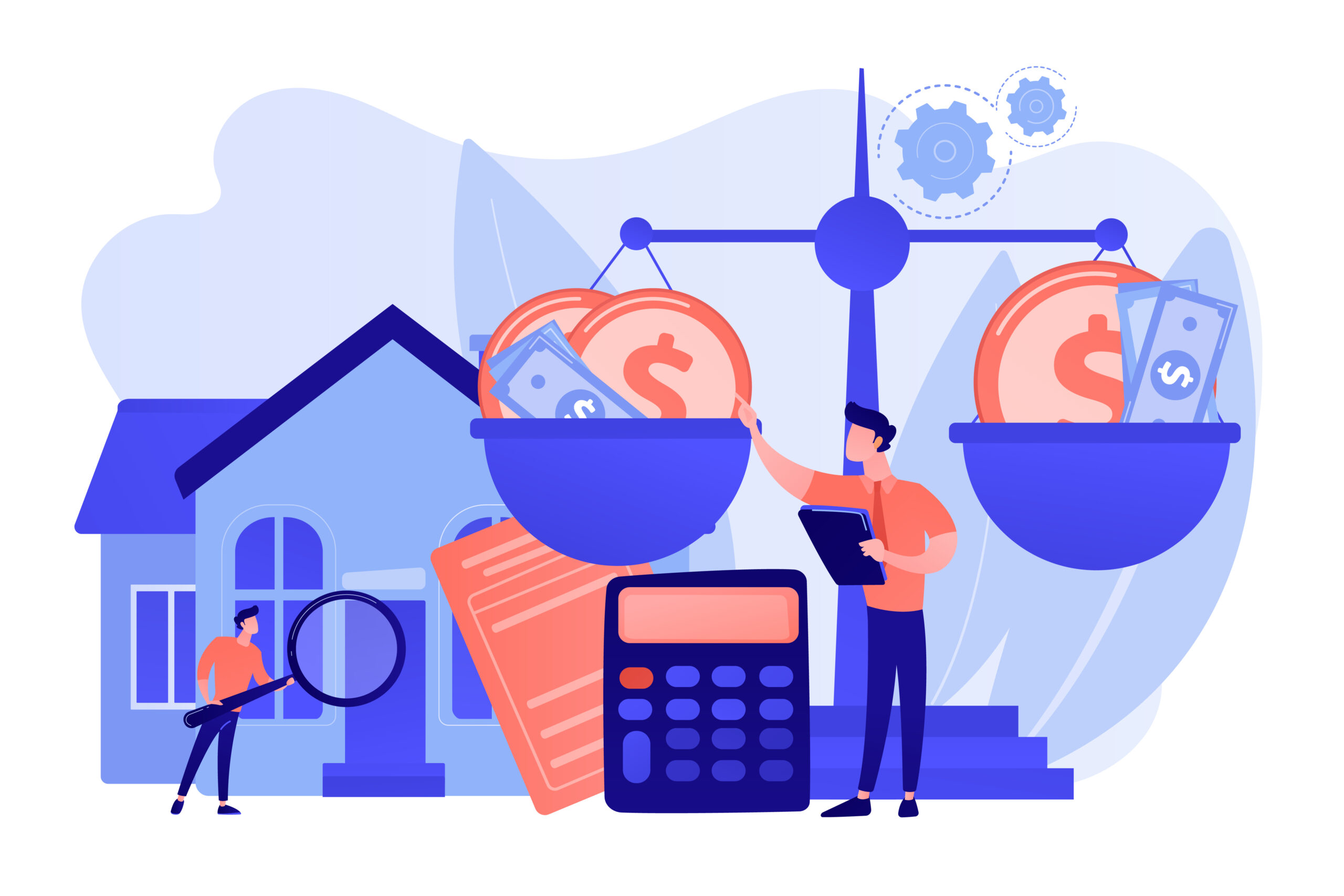 Real estate agency, property selling and buying. Financial consulting. Appraisal services, property valuation, appraisal professionals concept. Pink coral blue vector isolated illustration