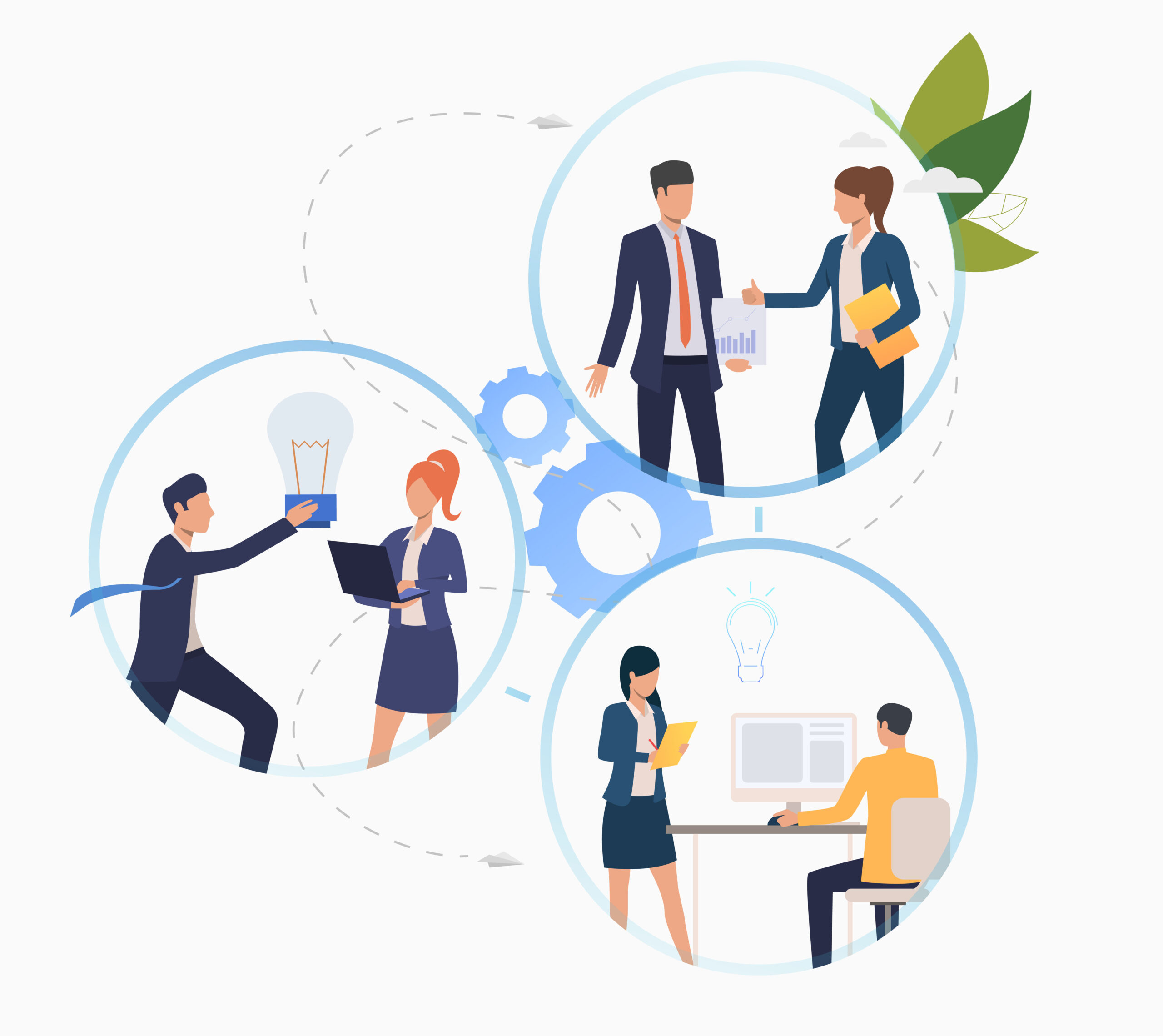 Professionals working on startup, approving sale report, presenting and discussing new ideas. Business concept. Vector illustration can be used for startup, office, communication